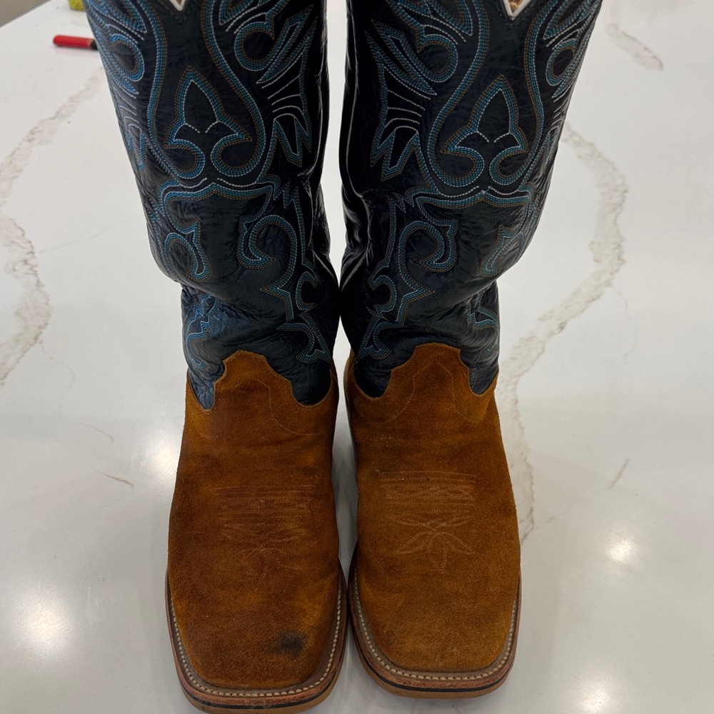 Olathe Boot Co. Brown and Blue rough-out Western Boots